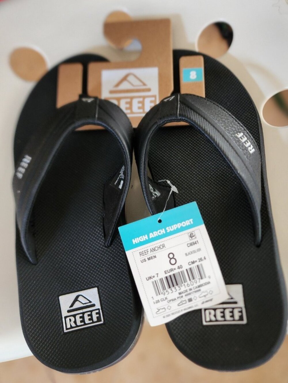 Reef Anchor High Arch Support Black/Silver Sandal Flip Flop US Men's size US 8